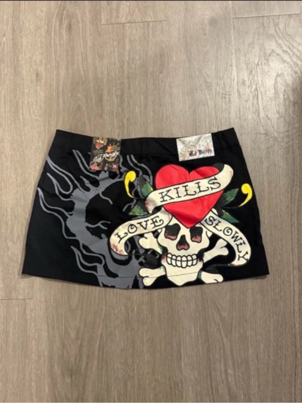Ed Hardy Black Mini Skirt with Red Heart & Skull Graphic